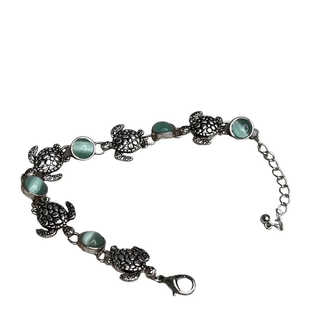 Sea Turtle Bracelet Silver Tone Aqua Blue Stone Chain Lobster Clasp 8.5 inch